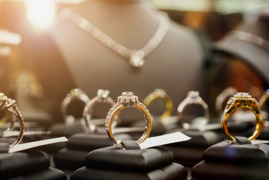 Diamond rings showing different settings and precious metal finishes