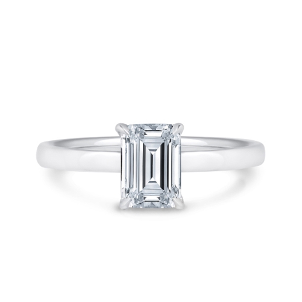 Kinzy emerald solitaire viewed as a possible wedding-band-friendly engagement ring