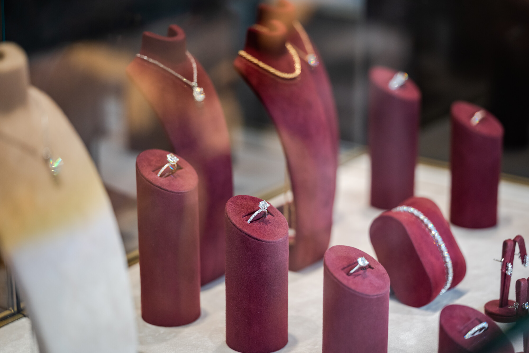 Jewellery displayed at the Kinzy London Hatton Garden showroom