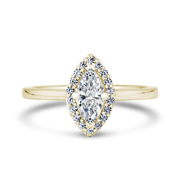 Kinzy London marquise diamond halo engagement ring in yellow gold