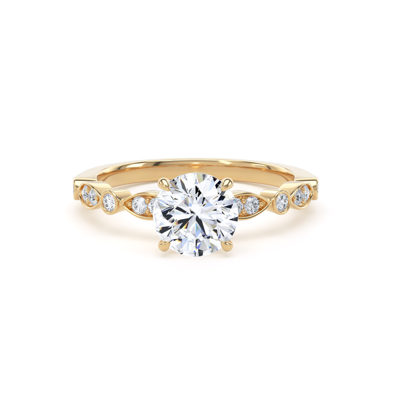 Kinzy London vintage-style round diamond engagement ring in yellow gold