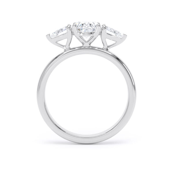 Side view of a Kinzy trilogy engagement ring showing open baskets and gallery structure