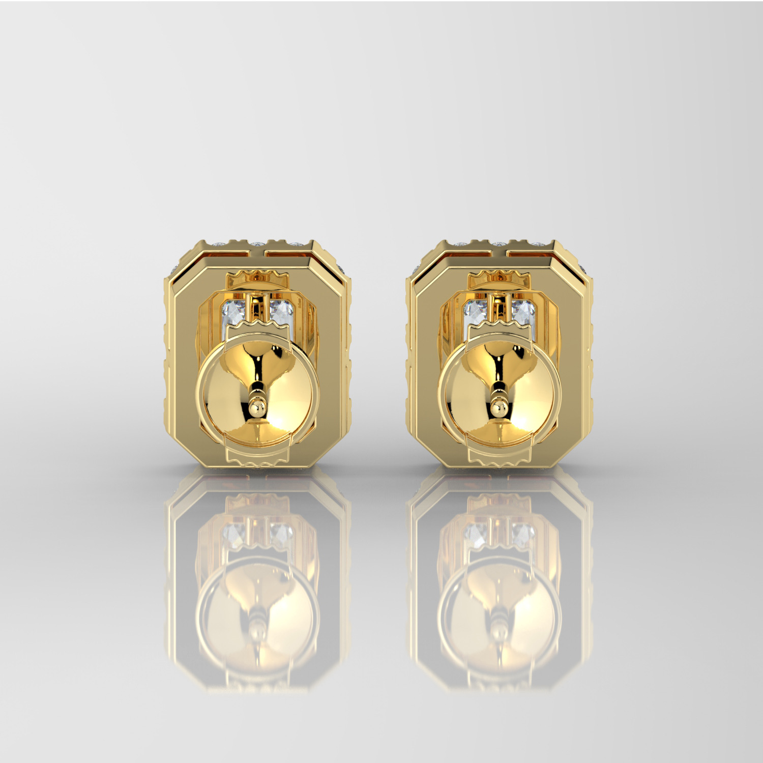 Emerald cut diamond halo earrings, yellow gold, spring-back rear view