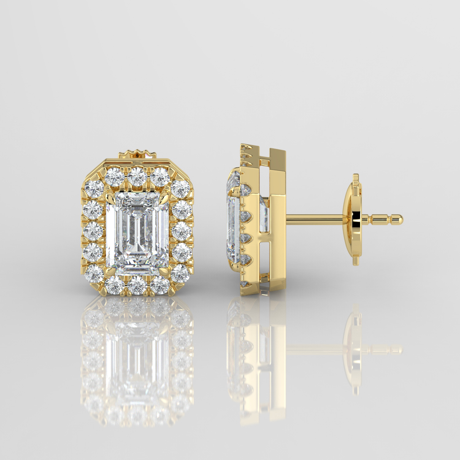 Emerald cut diamond halo earrings, yellow gold, side profile