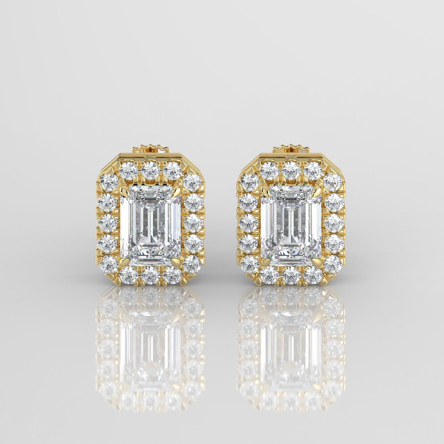 Emerald cut diamond halo earrings, yellow gold, front view