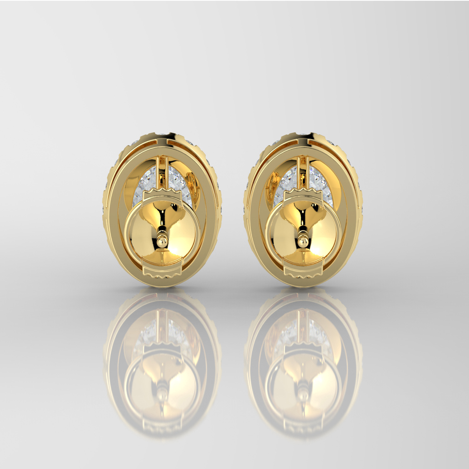 Oval cut diamond halo earrings, yellow gold, spring-back rear view