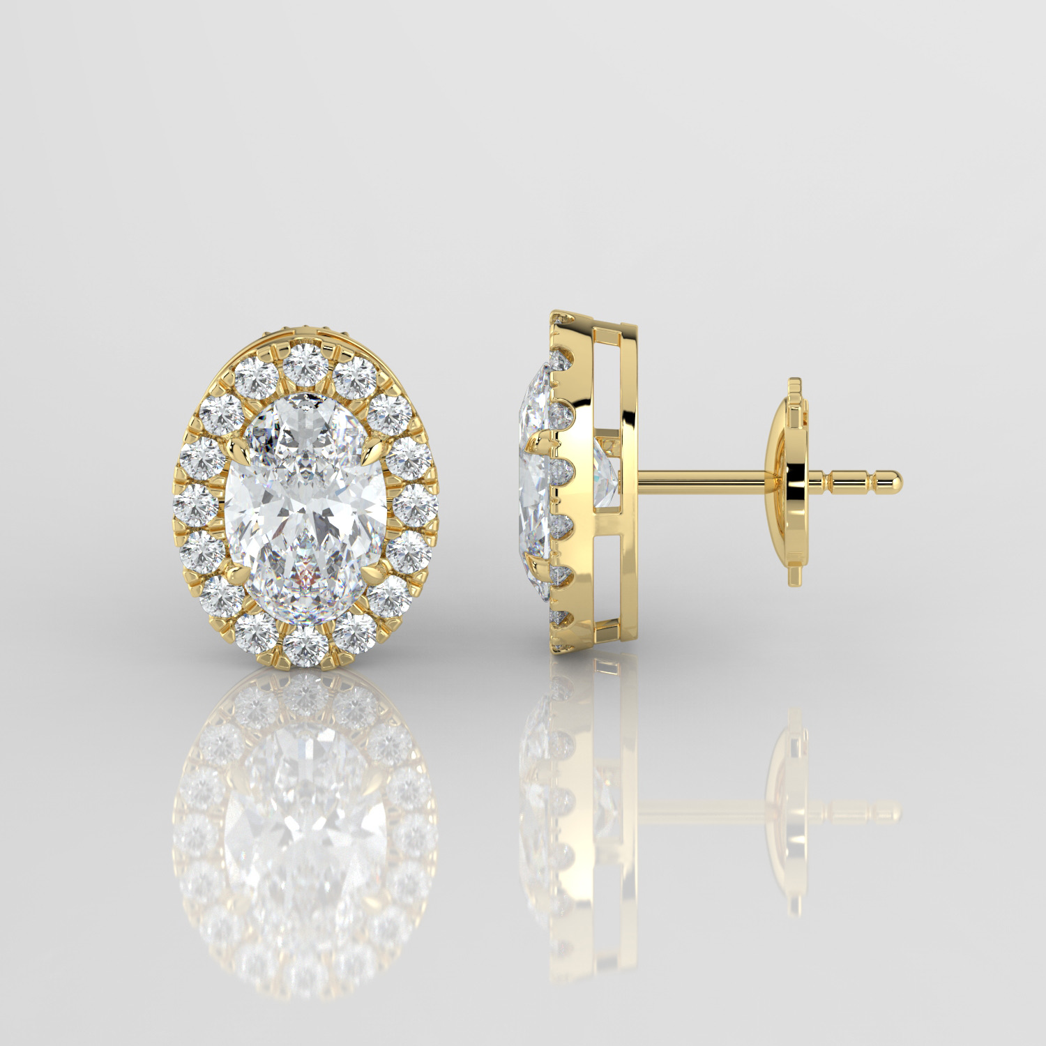 Oval cut diamond halo earrings, yellow gold, side profile