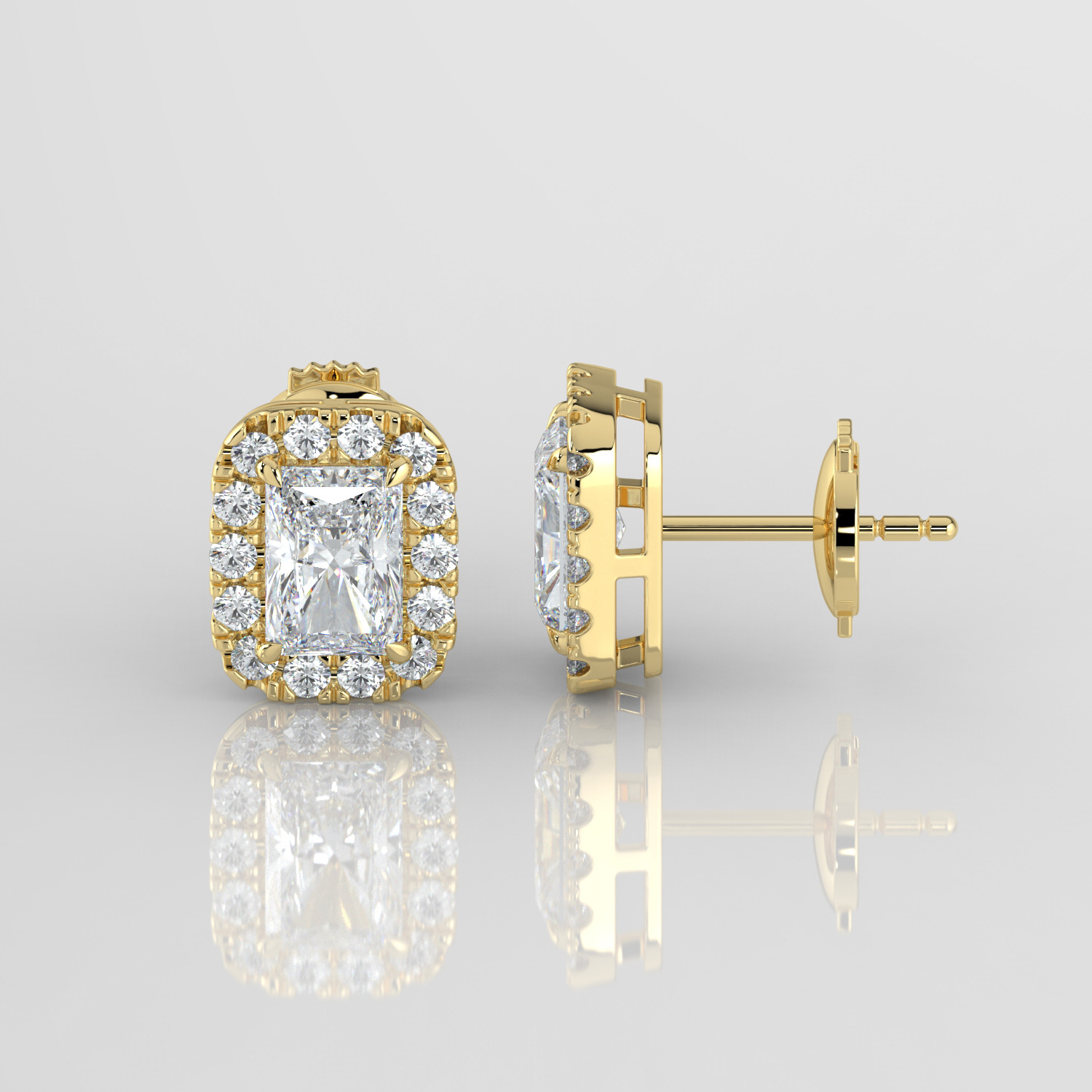 Radiant cut diamond halo earrings, yellow gold, side profile