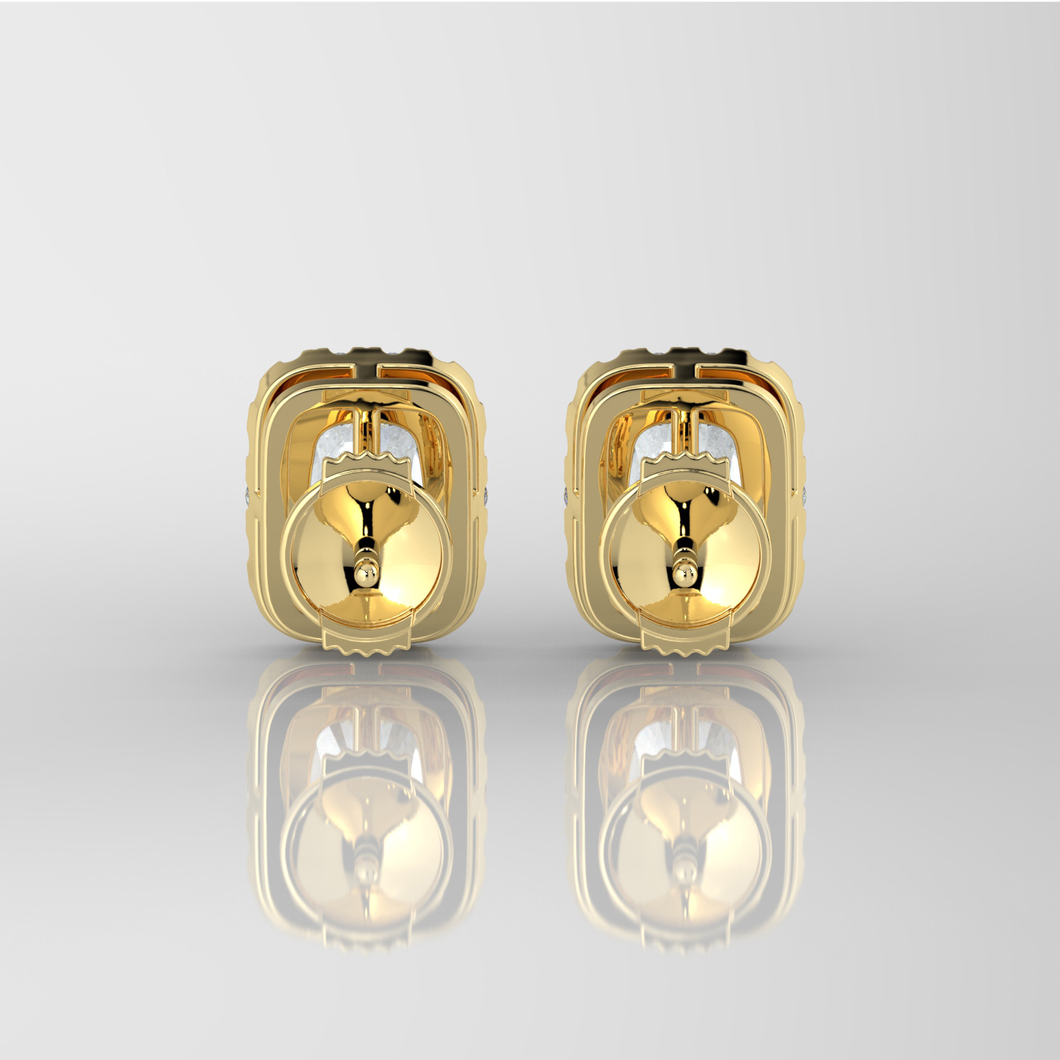 Radiant cut diamond halo earrings, yellow gold, spring-back rear view