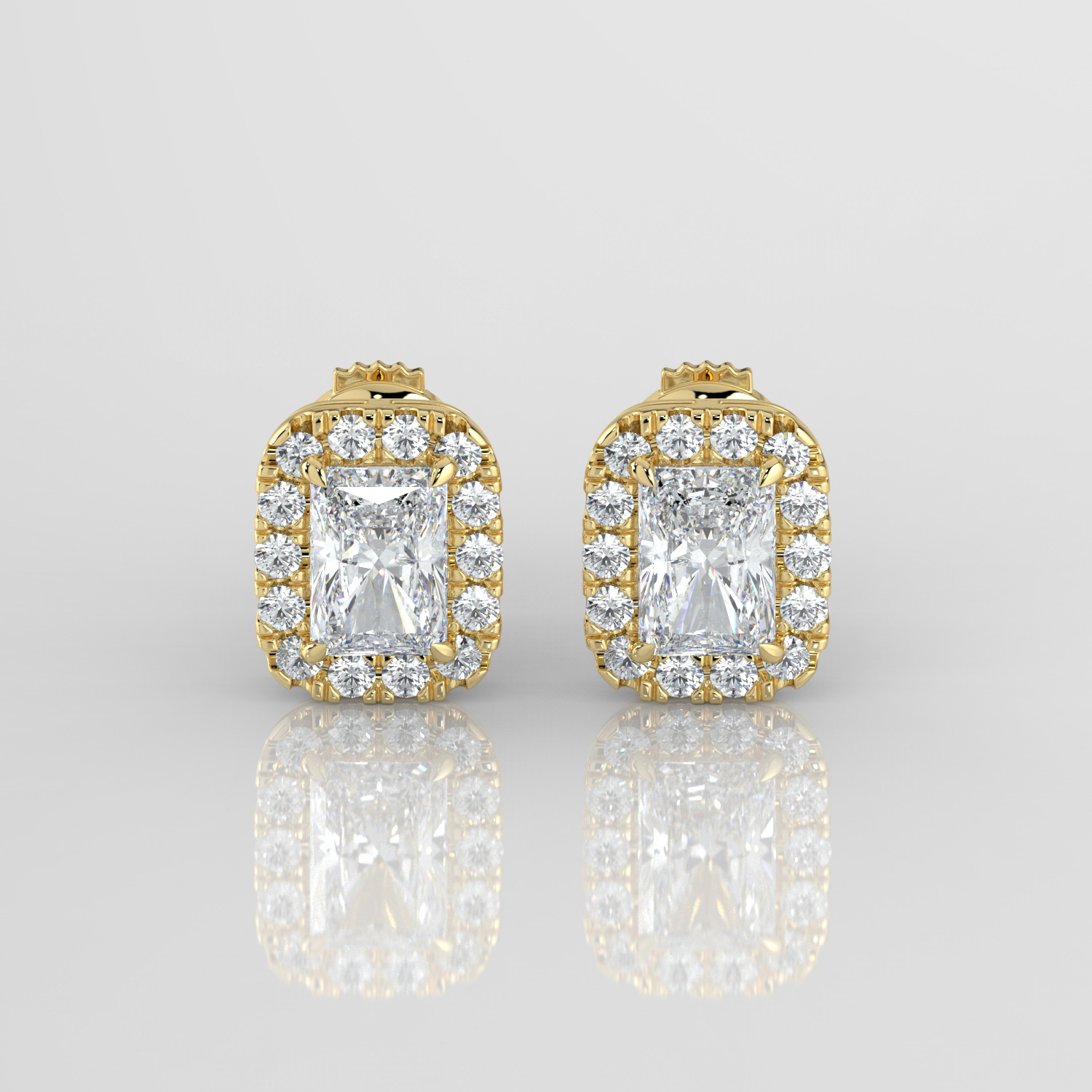 Radiant cut diamond halo earrings, yellow gold, front view