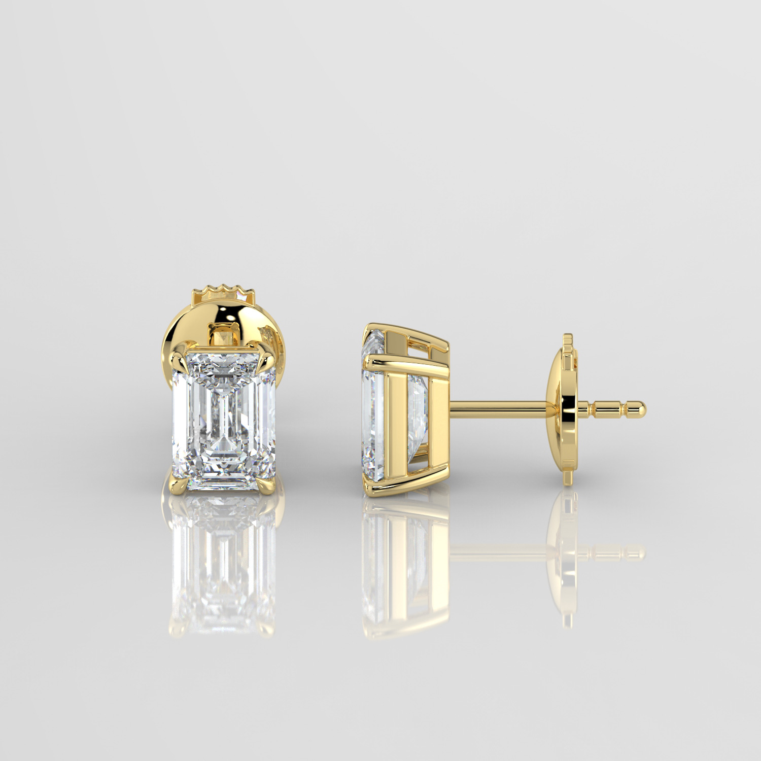 Radiant cut diamond stud earrings, yellow gold, side profile