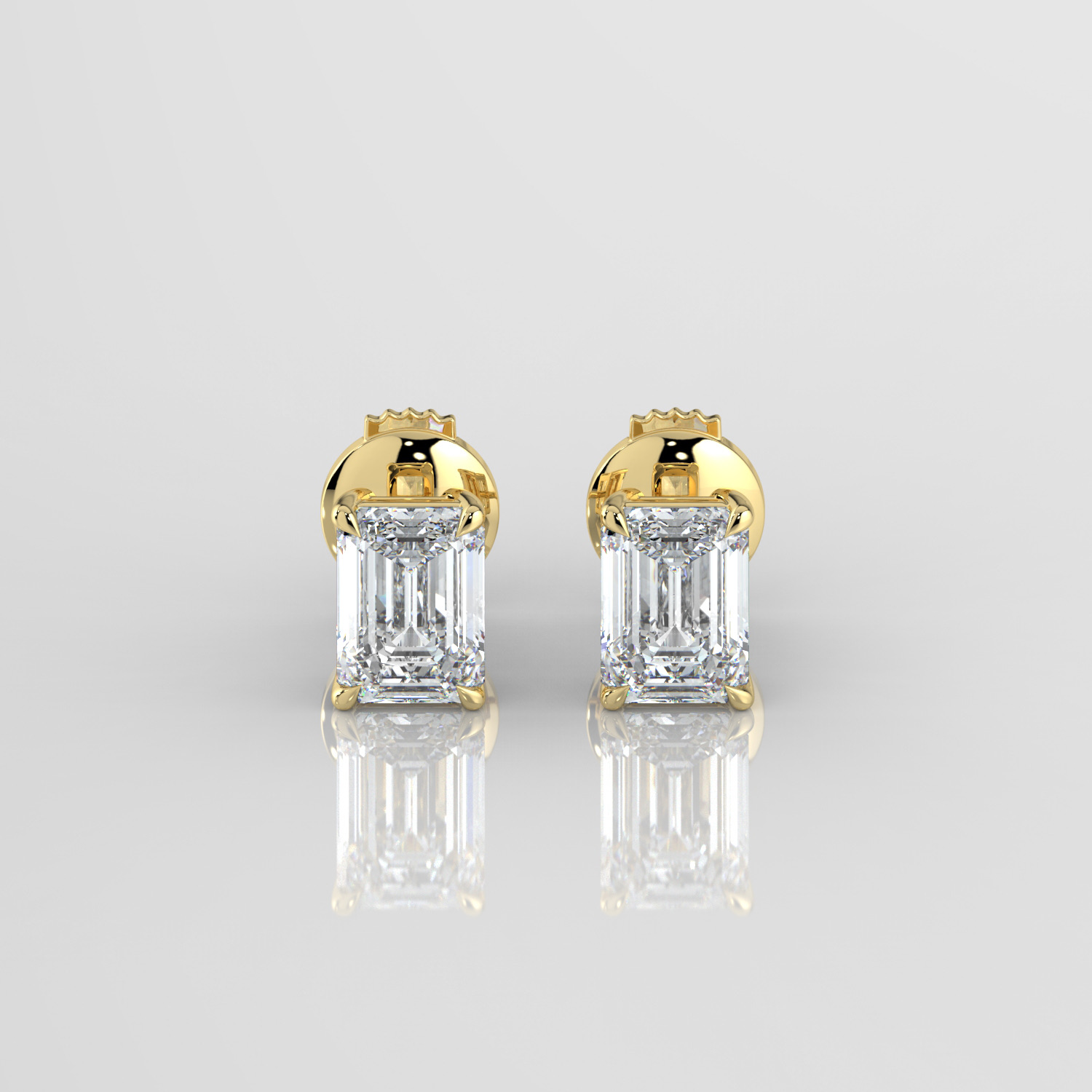 Radiant cut diamond stud earrings, yellow gold, front view