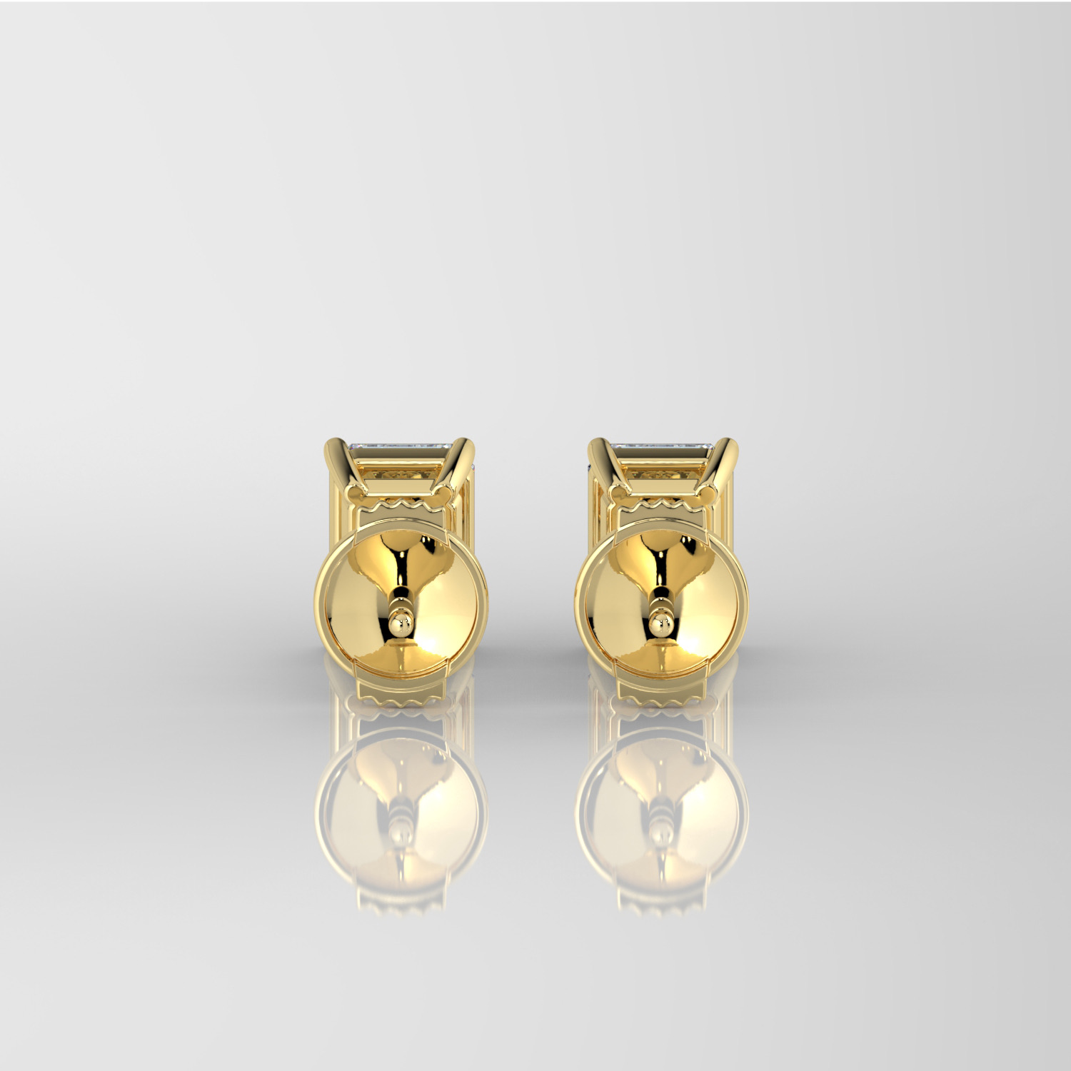 Radiant cut diamond stud earrings, yellow gold, spring-back rear view