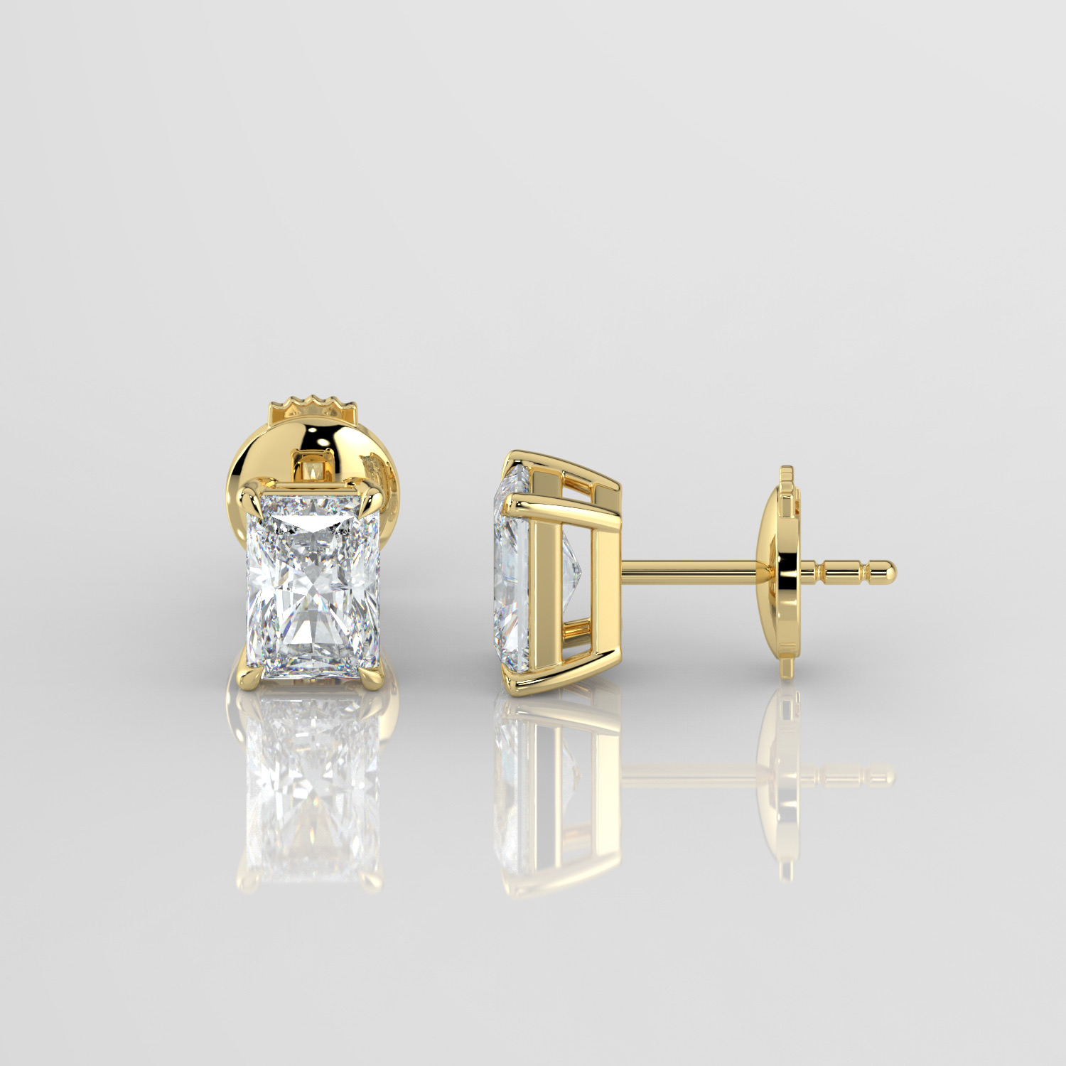 Emerald cut diamond stud earrings, yellow gold, side profile