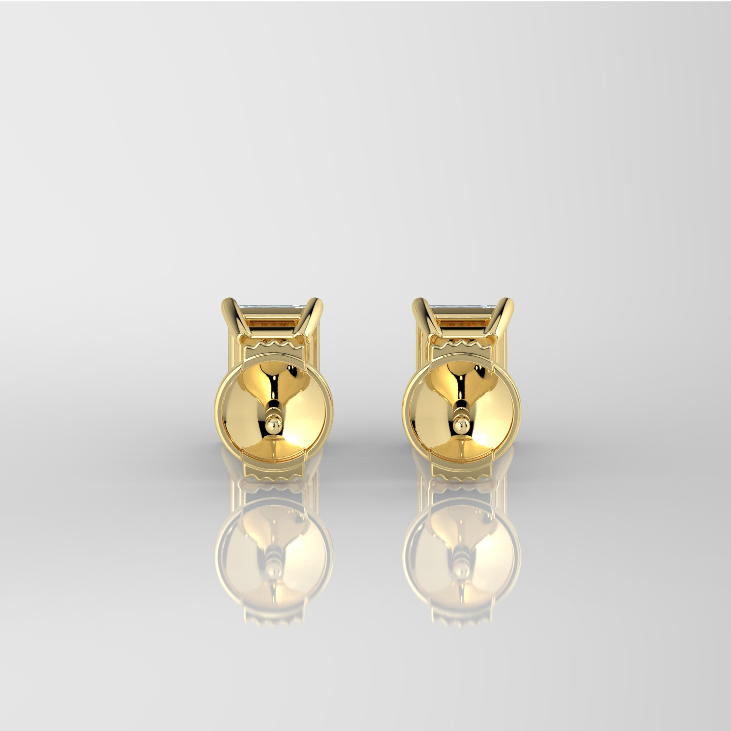 Emerald cut diamond stud earrings, yellow gold, spring-back rear view