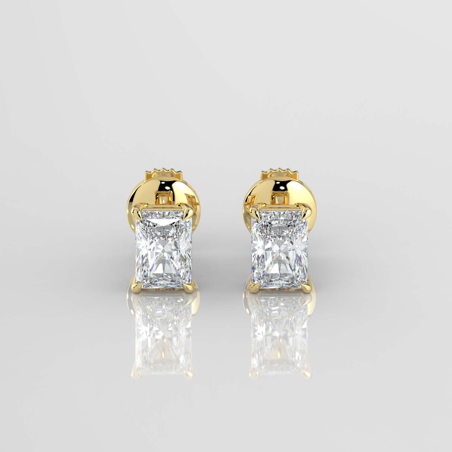 Emerald cut diamond stud earrings, yellow gold, front view