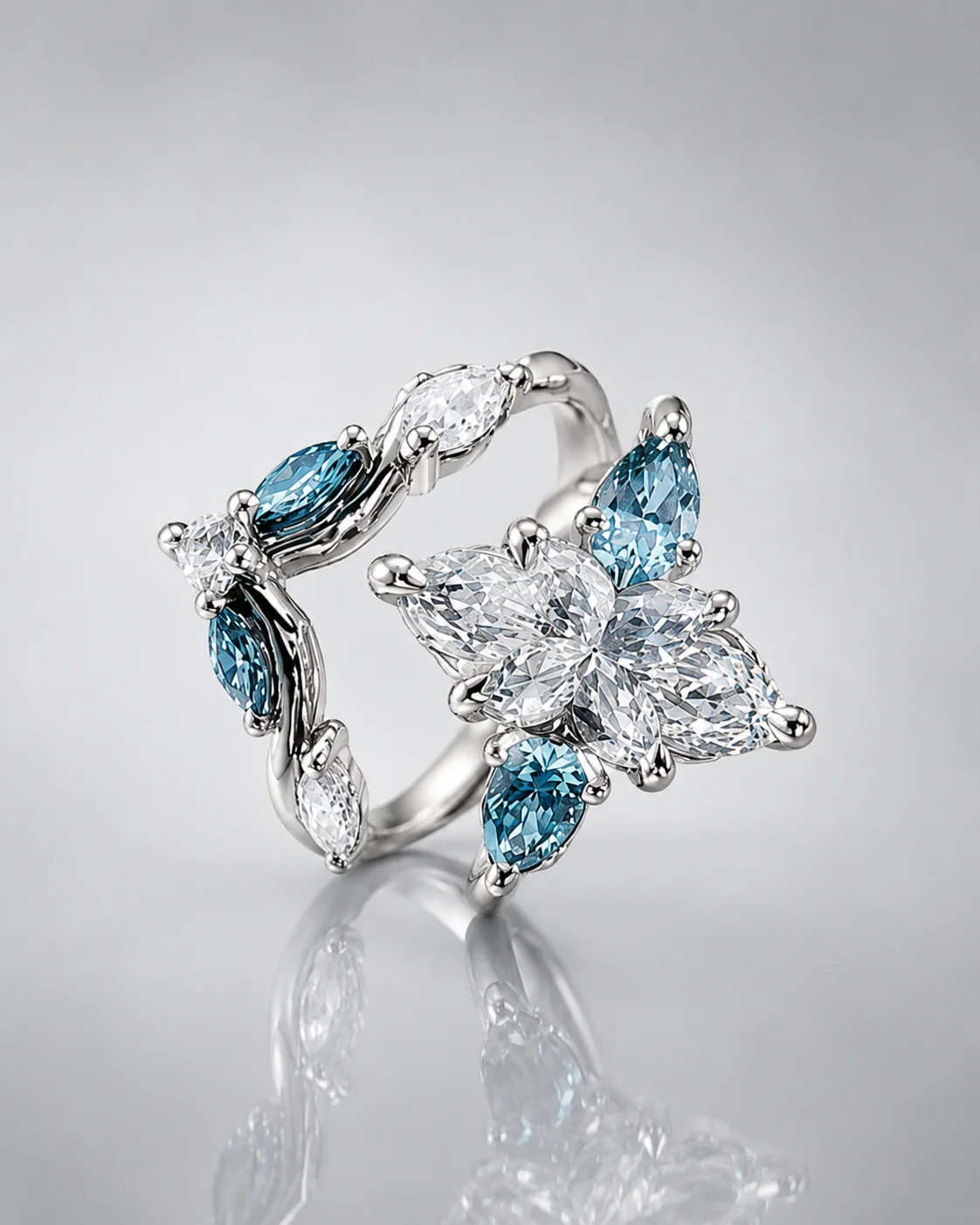 Close view of a sculptural Kinzy gemstone ring and its reflection