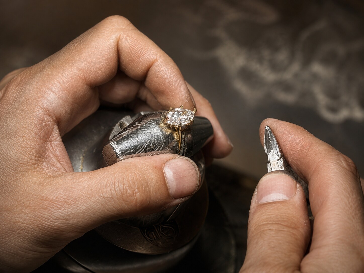 A Kinzy craftsperson working on a ring in the Hatton Garden atelier