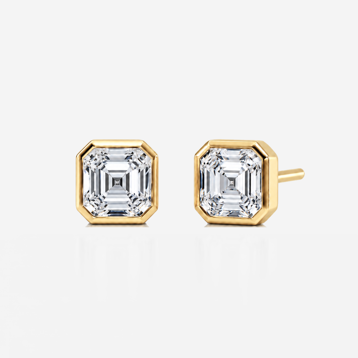 asscher bezel diamond stud earrings in yellow gold, main view