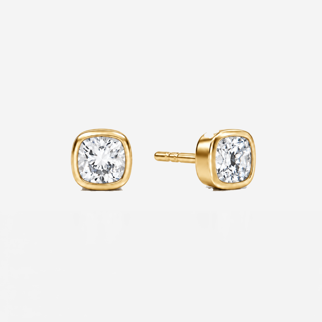 cushion bezel diamond stud earrings in yellow gold, main view