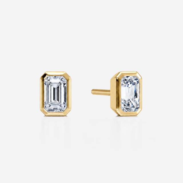 Bezel Emerald Diamond Stud Earrings in yellow gold