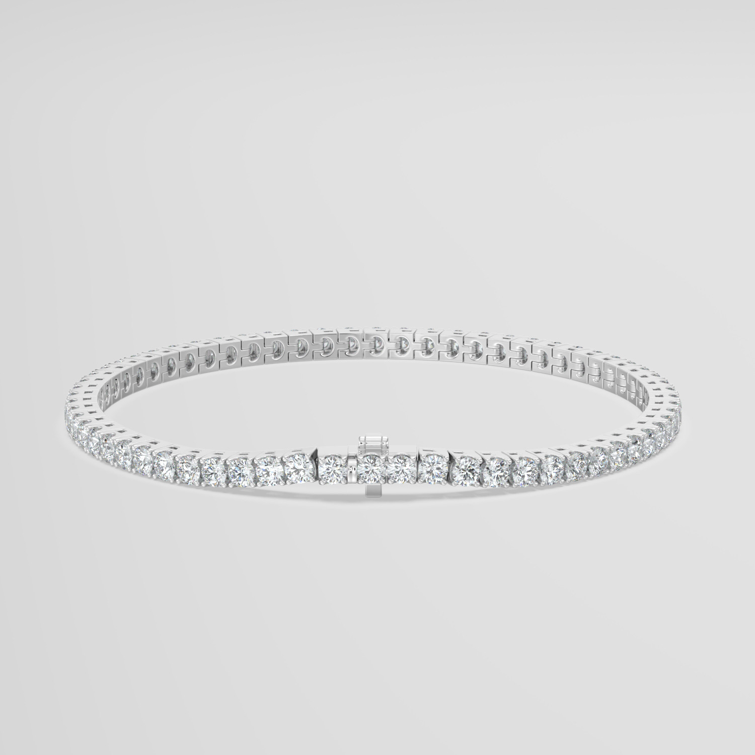 Round brilliant diamond tennis bracelet in 18k white gold – clasp-forward view