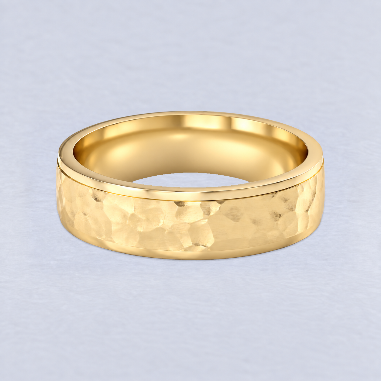 6mm Hammered Cut Down Edges Wedding Band, plain in 9ct Yellow Gold