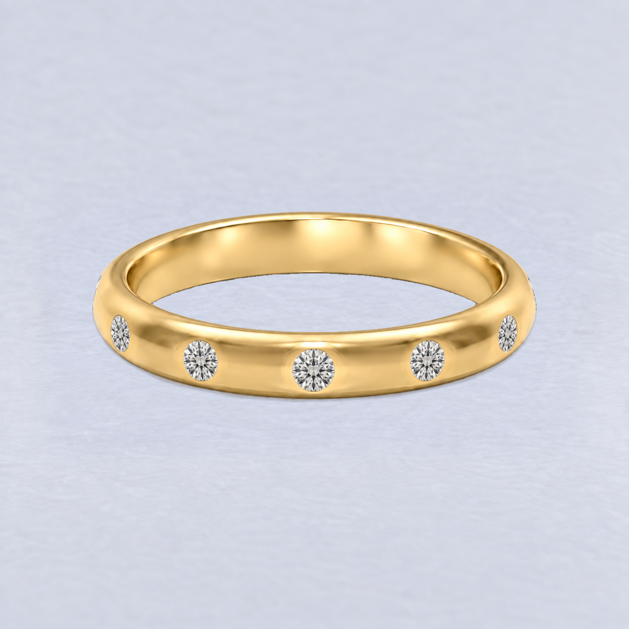 3mm 12 Stone Flush Diamond Wedding Band, shaped in 9ct Yellow Gold