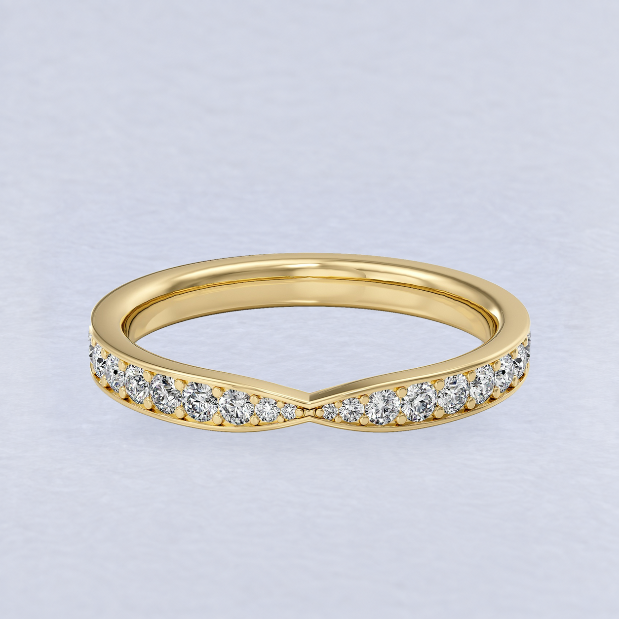 Round 2.4mm Pinch Pavé Diamond Wedding Band, shaped in 9ct Yellow Gold
