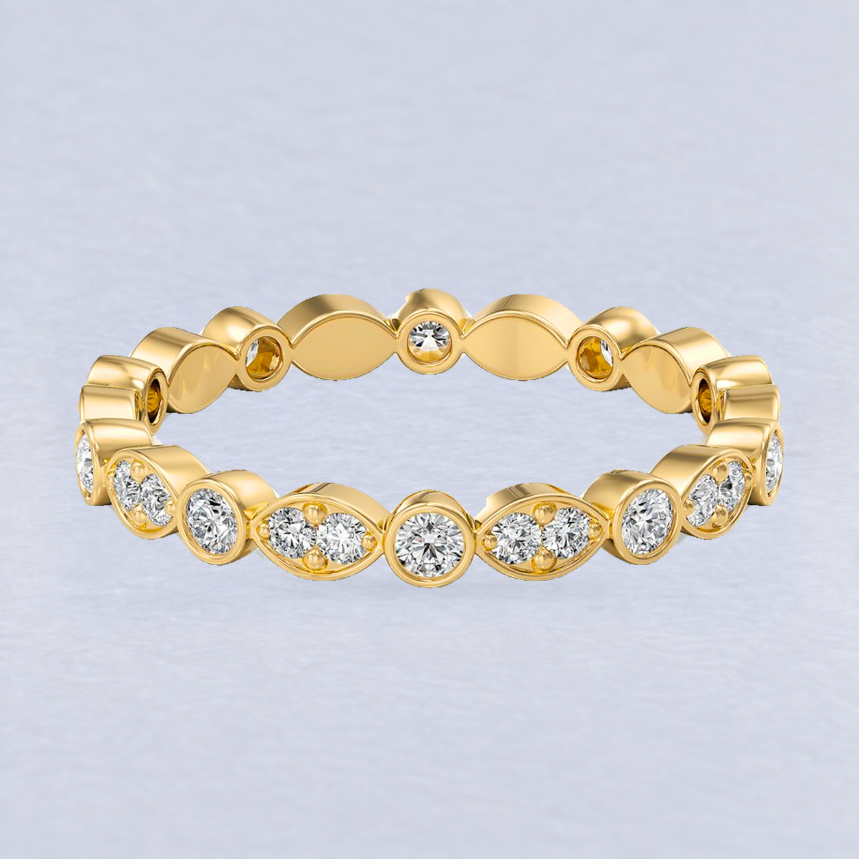 2.4mm Alternating Bezel & Pavé Diamond Eternity Band, shaped in 9ct Yellow Gold