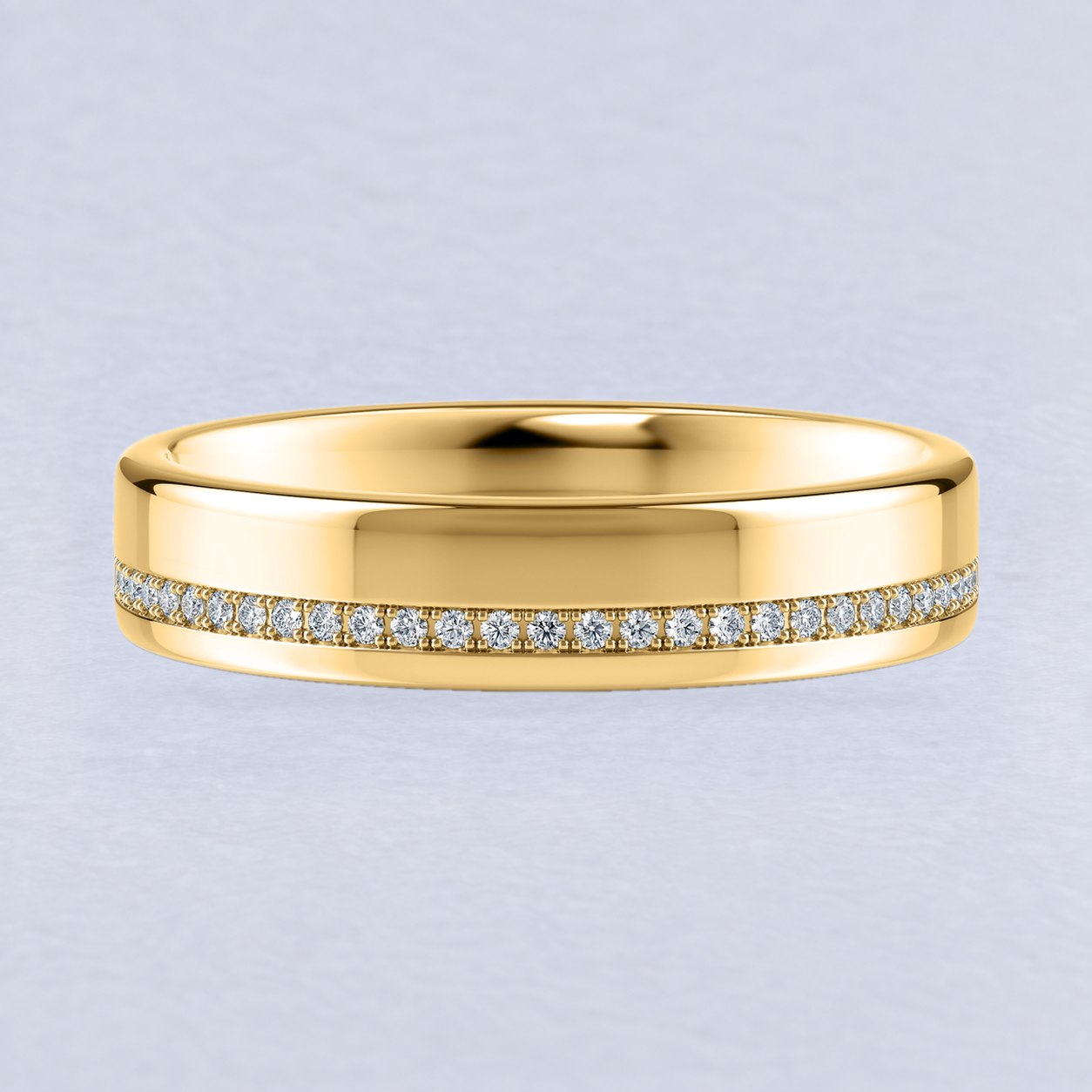 5mm Off-Centre Diamond Wedding Band, shaped in 9ct Yellow Gold