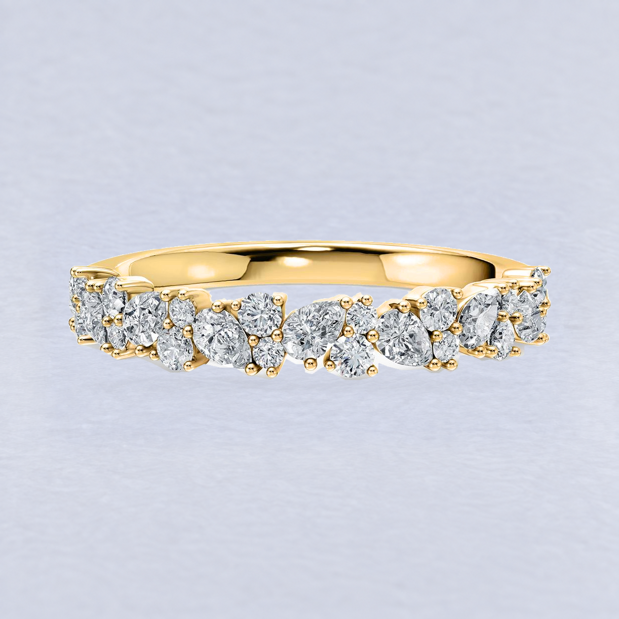 2mm Pear and Round Cluster Diamond Wedding Band, shaped in 9ct Yellow Gold