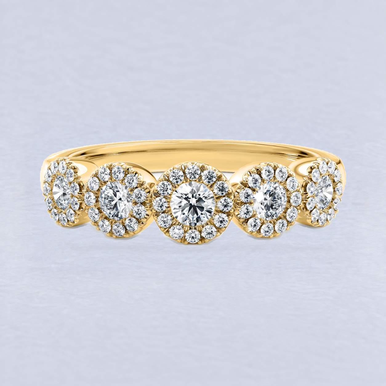 4.8mm Linked Halo Diamond Wedding Band, shaped in 9ct Yellow Gold
