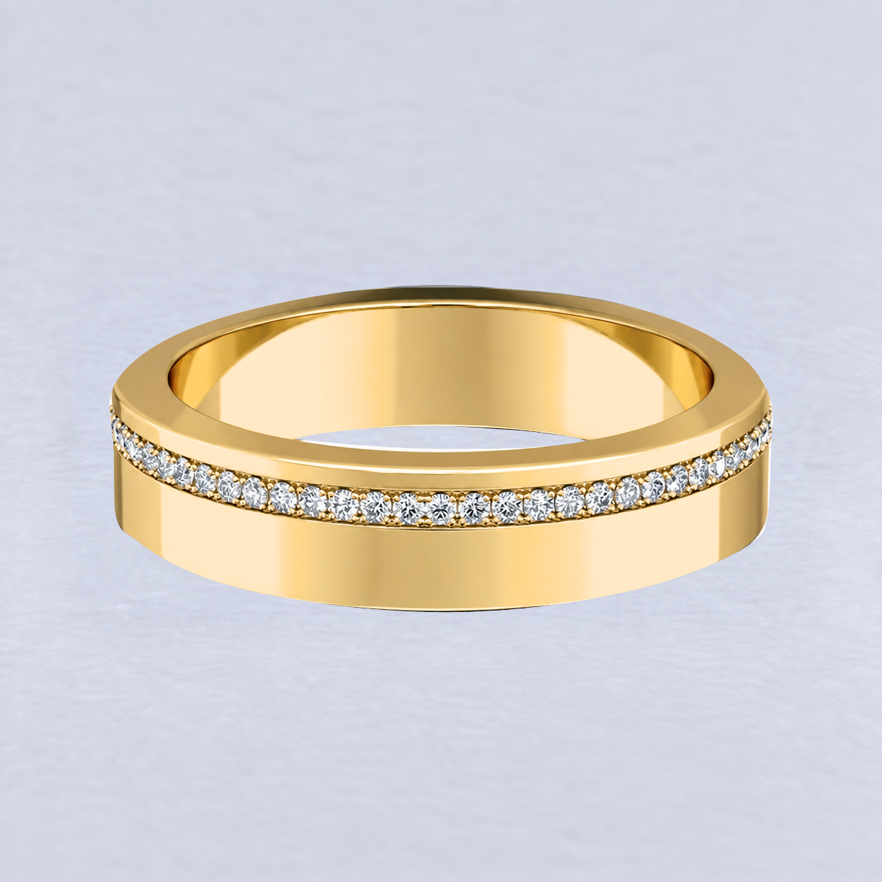 Offset Diamond Line Wedding Band, shaped in 9ct Yellow Gold
