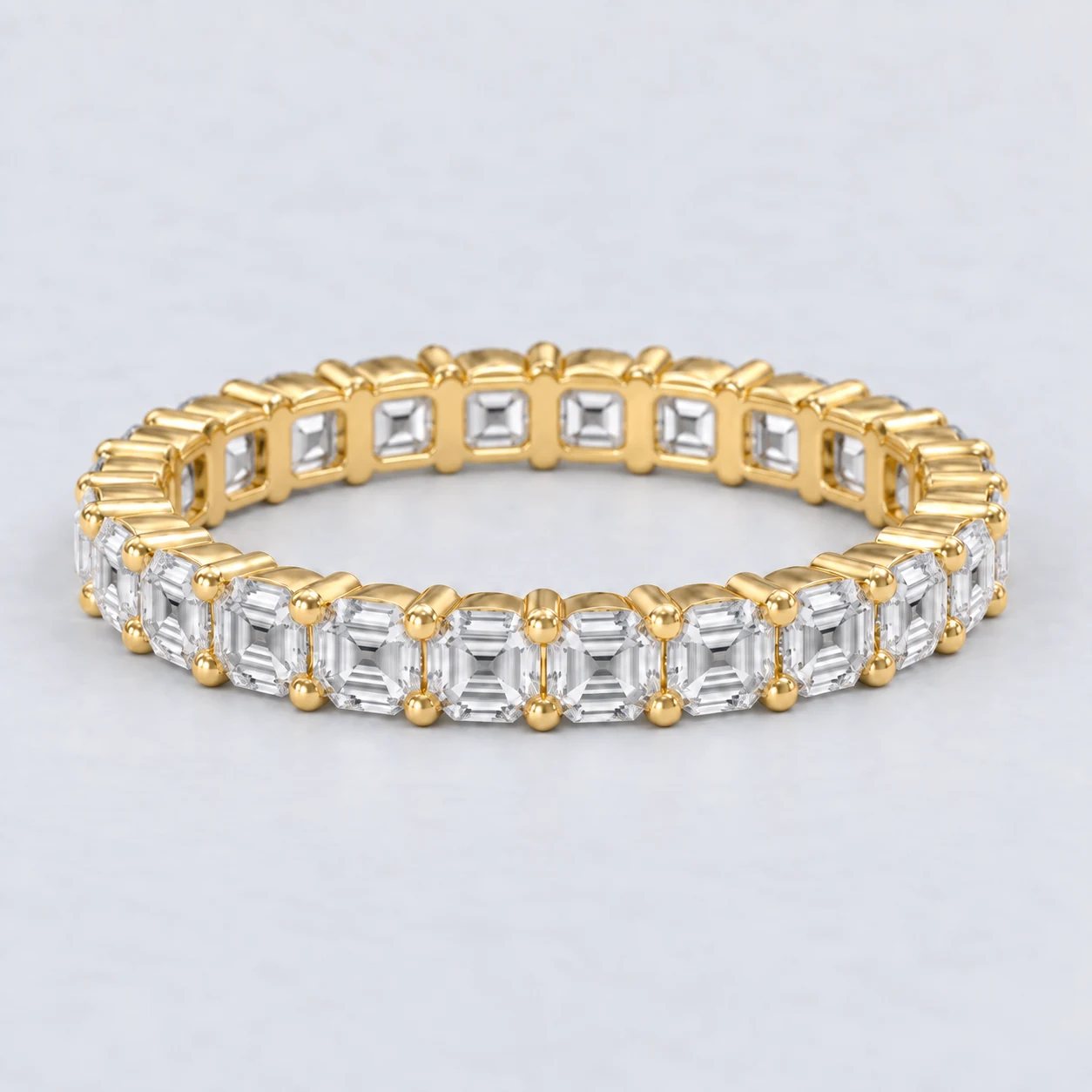 Asscher Shared Prong Diamond Eternity Ring, full eternity in 9ct Yellow Gold