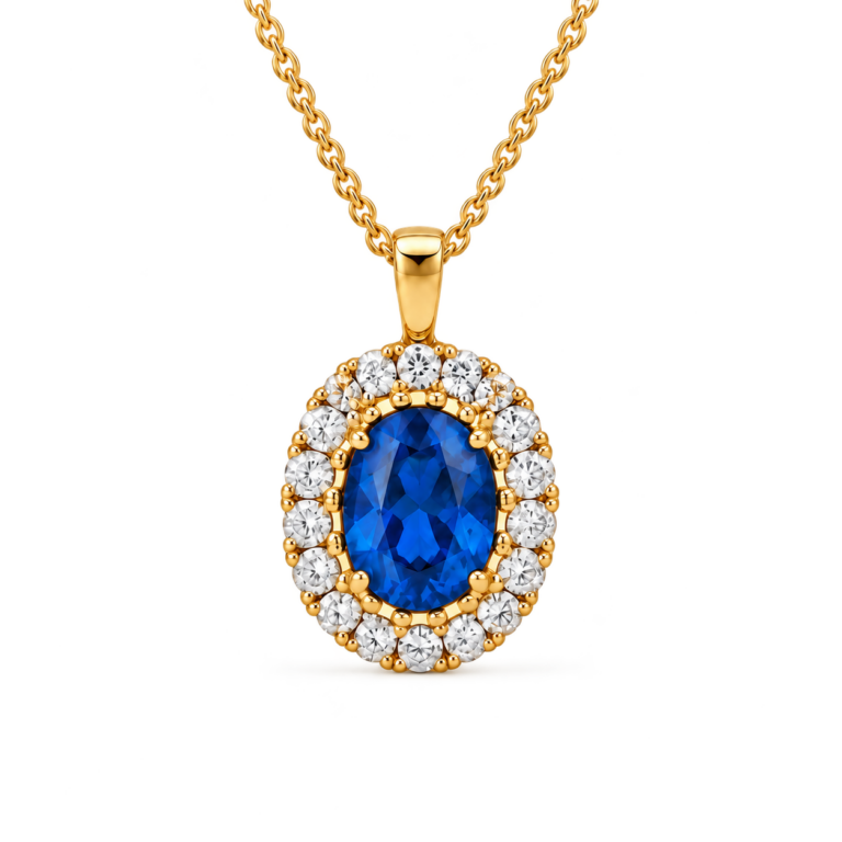 Blue sapphire and diamond halo pendant in yellow gold
