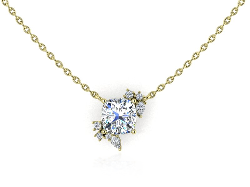 Cushion floral diamond pendant in yellow gold, front view